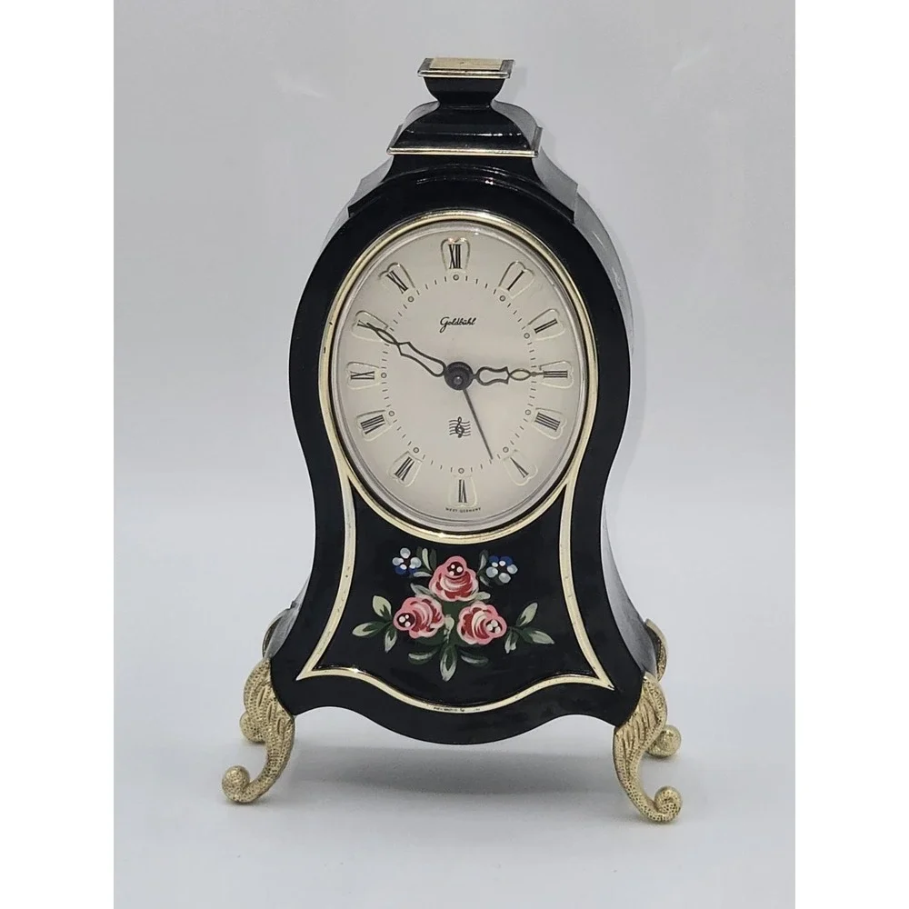 Goldbuhl West Germany Floral Mantel Clock Black Wood Case Wind Up Non Working